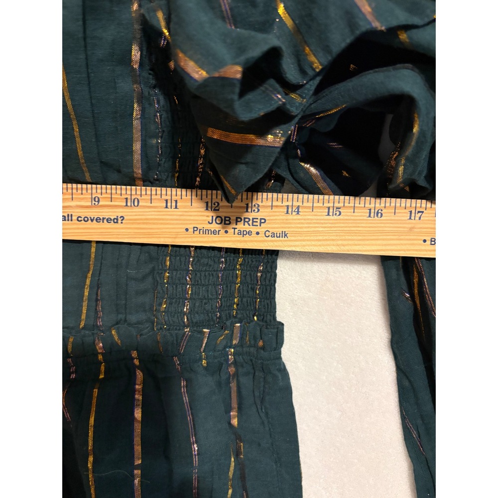 Farm Rio Anthropologie Green Metallic Striped One Shoulder Wide Leg Jumpsuit NEW - Picture 6 of 12